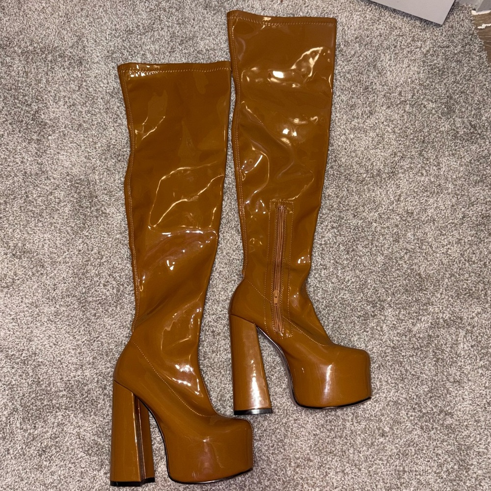 Stylish Tan Platform Knee-High Boots